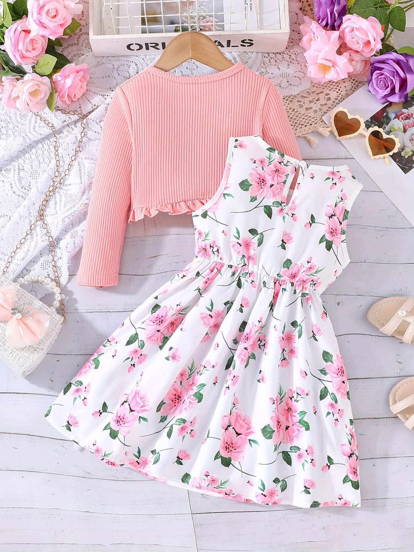 Girls' Flower Print Casual Vest Dress with Chest Measurement by Pulling + Solid Color Long Sleeve Jacket