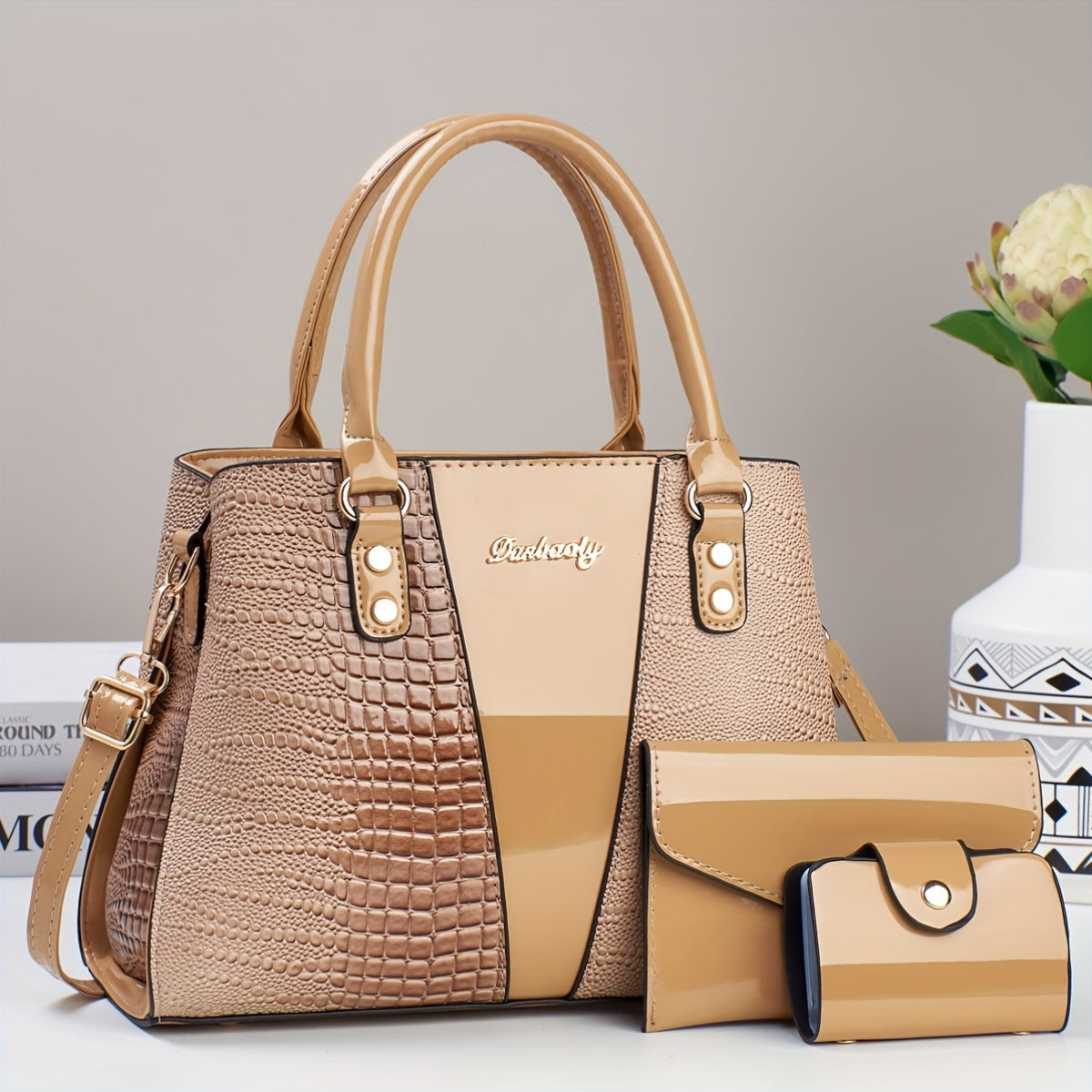 3pcs Elegant PU Handbag Set, Crocodile Pattern Large Capacity Crossbody Bag with Coin Purse and Card Holder, Lightweight Shoulder Bag with Sequins and Zipper Closure