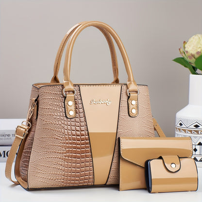 3pcs Elegant PU Handbag Set, Crocodile Pattern Large Capacity Crossbody Bag with Coin Purse and Card Holder, Lightweight Shoulder Bag with Sequins and Zipper Closure