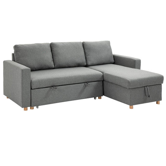 HOMCOM 3-Seater Convertible Corner Sofa - Reversible Chaise Longue - Integrated Storage Box - High-Density Foam 24D Filling - Linen-Look Grey Polyester Fabric