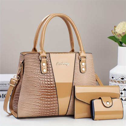 3pcs Elegant PU Handbag Set, Crocodile Pattern Large Capacity Crossbody Bag with Coin Purse and Card Holder, Lightweight Shoulder Bag with Sequins and Zipper Closure