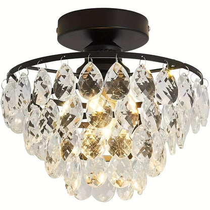 1pc Modern Golden Crystal Chandelier Light - E26 Flush Mount Ceiling Fixture with K9 Crystals, Polished Metal Finish, Easy Install for Bedroom, Bathroom, Hallway & More