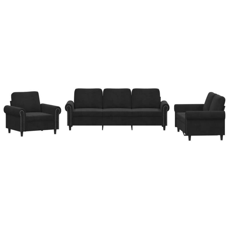 3pcs Modern Black Velvet Sofa Set with Cushions - Metal Frame, Versatile Living Room Furniture, No Electricity Needed, Elegant Home Decor