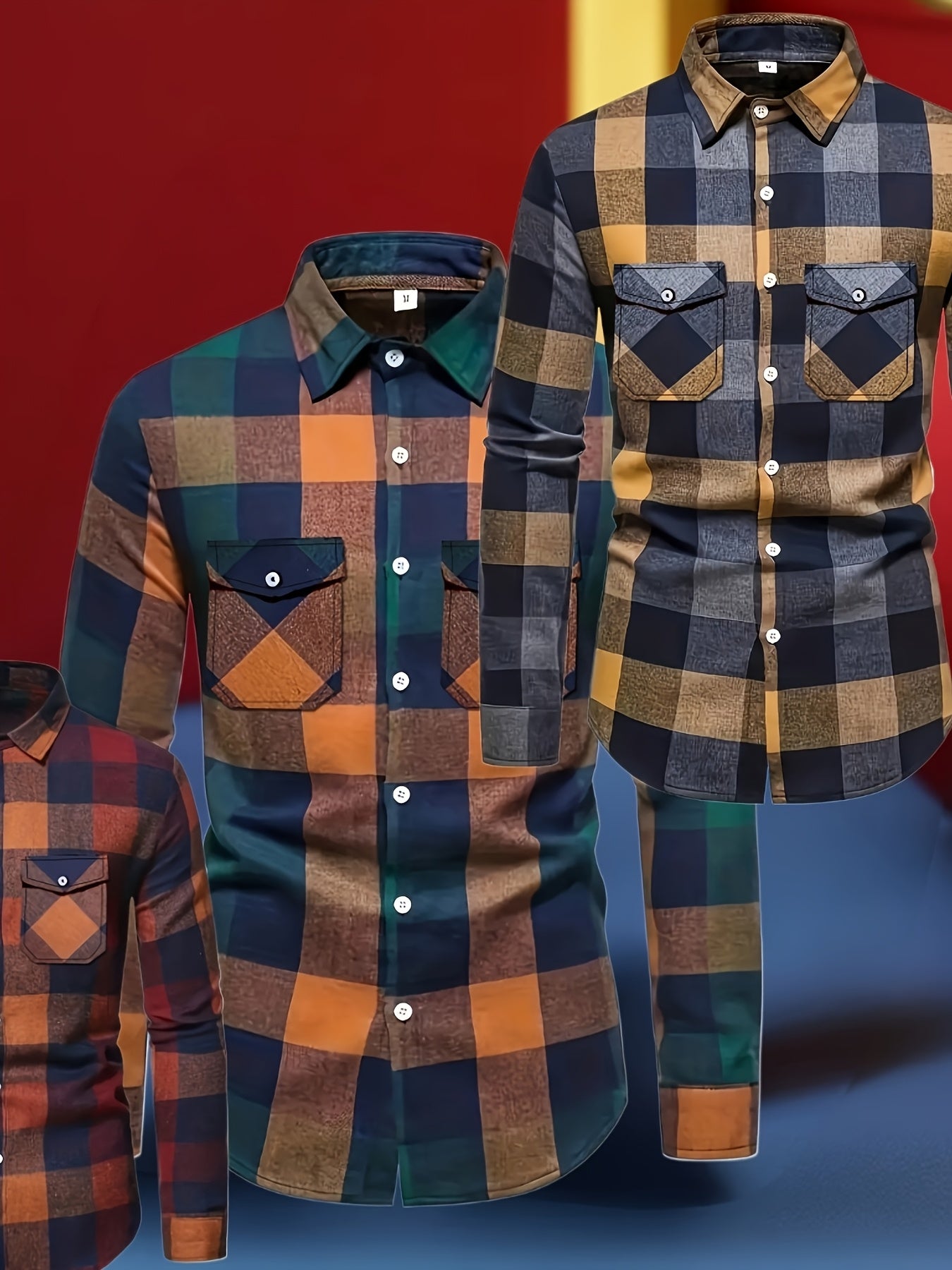 3pcs Men'S Plaid Long Sleeve Casual Shirts with Lapel Collar, Pocket Details, Polyester Material, Non-Stretch Fabric, Spring/Fall Season, Regular Fit, Sports Style