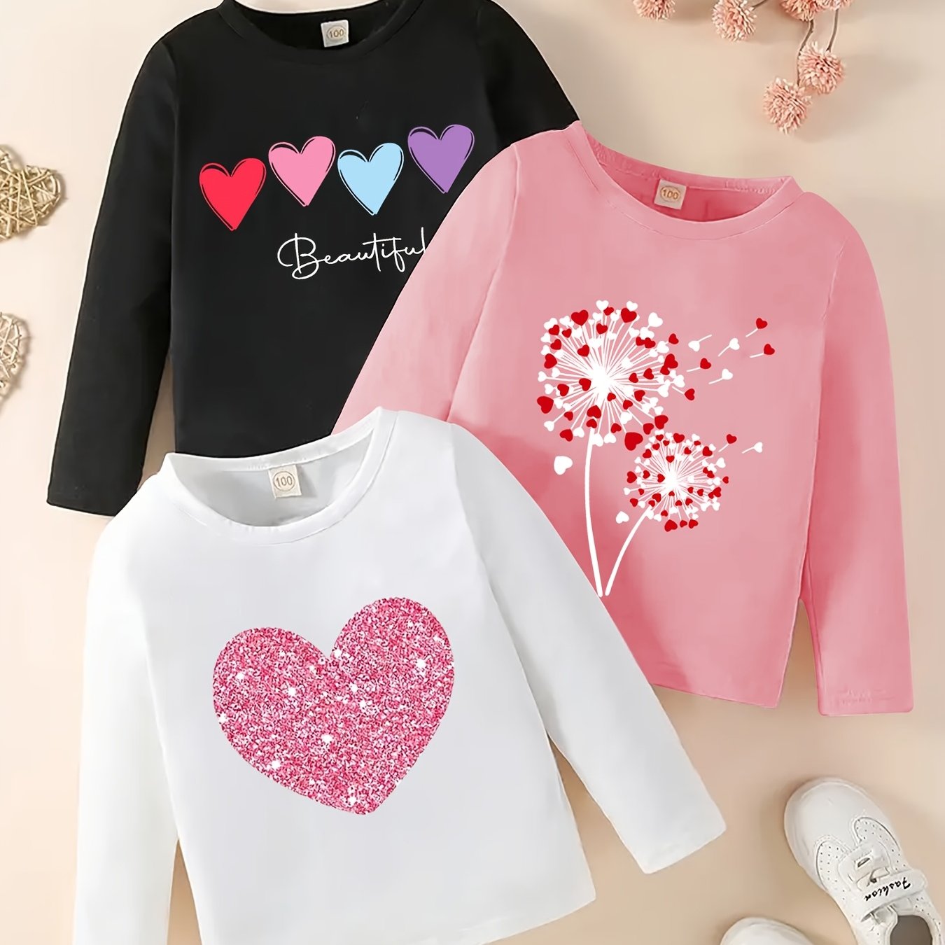 [3pcs Girls' Heart Applique Long Sleeve T-Shirts] 3pcs Girls' Long Sleeve T-Shirts, Polyester Knit Tops with Elastane, Casual Crew Neck, Slight Stretch Fabric, Regular Fit, with Heart Applique, for Fall/Winter Collection