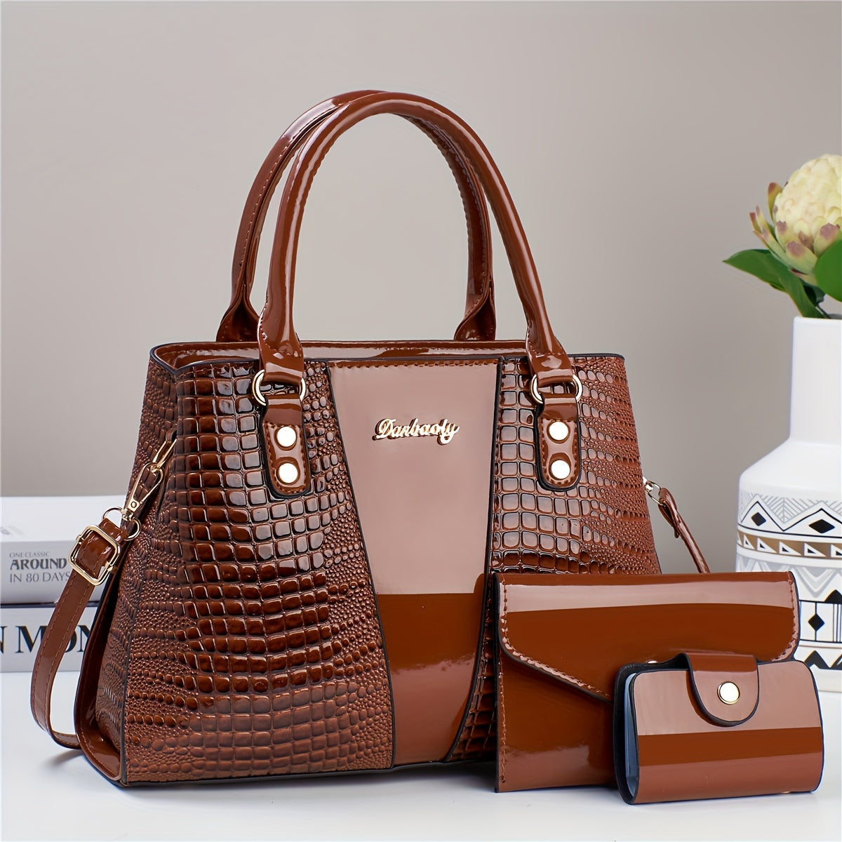 3pcs Elegant PU Handbag Set, Crocodile Pattern Large Capacity Crossbody Bag with Coin Purse and Card Holder, Lightweight Shoulder Bag with Sequins and Zipper Closure