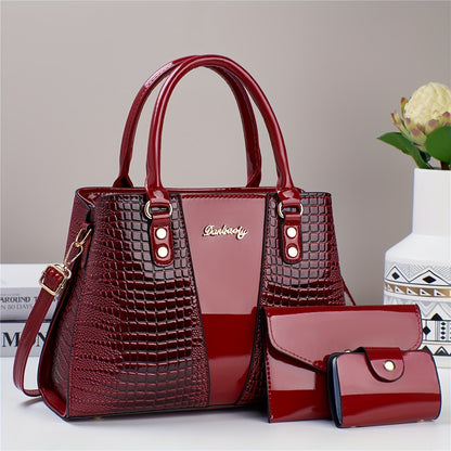 3pcs Elegant PU Handbag Set, Crocodile Pattern Large Capacity Crossbody Bag with Coin Purse and Card Holder, Lightweight Shoulder Bag with Sequins and Zipper Closure