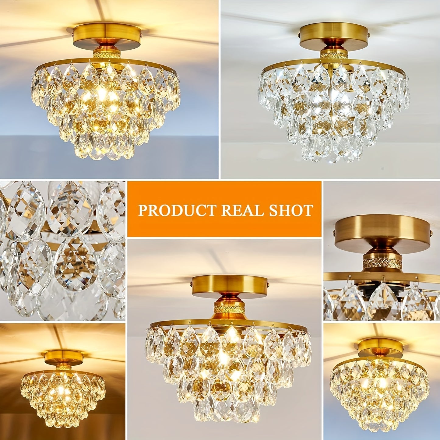 1pc Modern Golden Crystal Chandelier Light - E26 Flush Mount Ceiling Fixture with K9 Crystals, Polished Metal Finish, Easy Install for Bedroom, Bathroom, Hallway & More