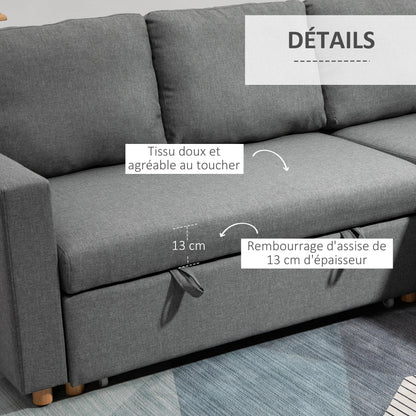 HOMCOM 3-Seater Convertible Corner Sofa - Reversible Chaise Longue - Integrated Storage Box - High-Density Foam 24D Filling - Linen-Look Grey Polyester Fabric