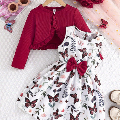 2pcs Girls Casual Dress With Butterfly Print Paired With Solid Color Long-sleeved Jacket Outdoor Outfit