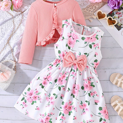 Girls' Flower Print Casual Vest Dress with Chest Measurement by Pulling + Solid Color Long Sleeve Jacket