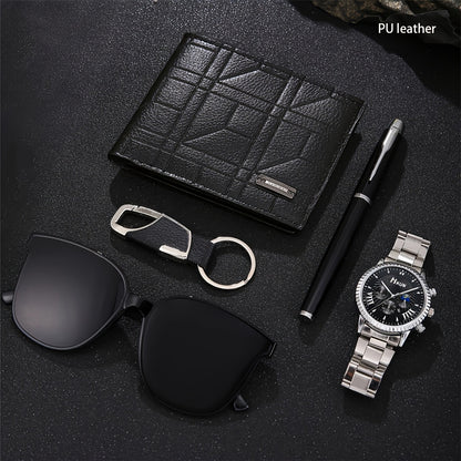 5pcs Men's Fashion Wallet Set - Sleek Black Faux Leather, Business Style with Fashion Glasses & Keychain, Perfect Gift for Him