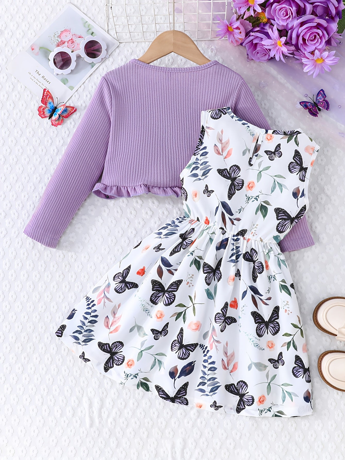 2pcs Girls Casual Dress With Butterfly Print Paired With Solid Color Long-sleeved Jacket Outdoor Outfit