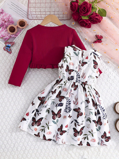 2pcs Girls Casual Dress With Butterfly Print Paired With Solid Color Long-sleeved Jacket Outdoor Outfit