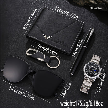 5pcs Men's Fashion Wallet Set - Sleek Black Faux Leather, Business Style with Fashion Glasses & Keychain, Perfect Gift for Him