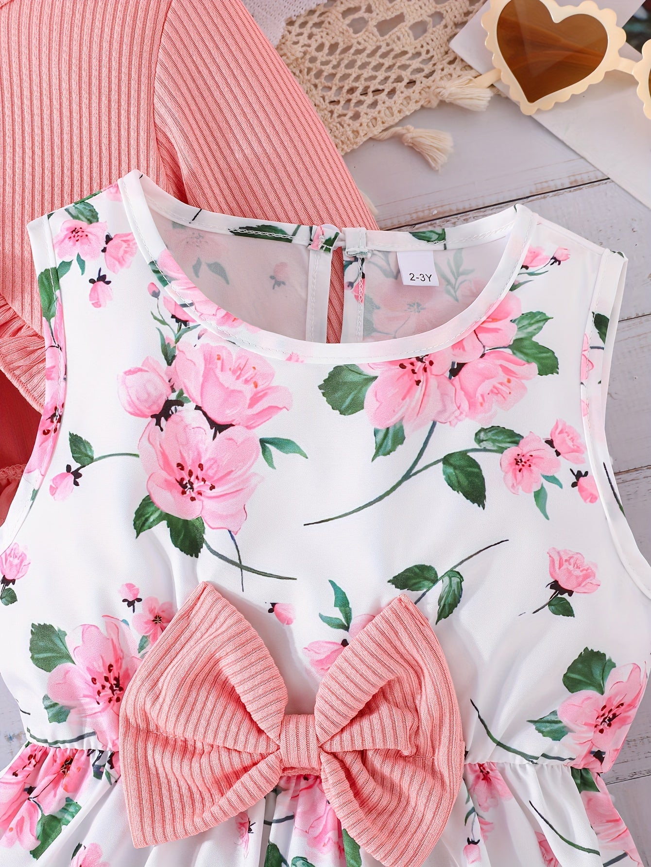 Girls' Flower Print Casual Vest Dress with Chest Measurement by Pulling + Solid Color Long Sleeve Jacket