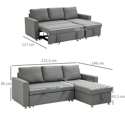 HOMCOM 3-Seater Convertible Corner Sofa - Reversible Chaise Longue - Integrated Storage Box - High-Density Foam 24D Filling - Linen-Look Grey Polyester Fabric