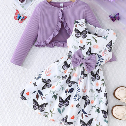 2pcs Girls Casual Dress With Butterfly Print Paired With Solid Color Long-sleeved Jacket Outdoor Outfit