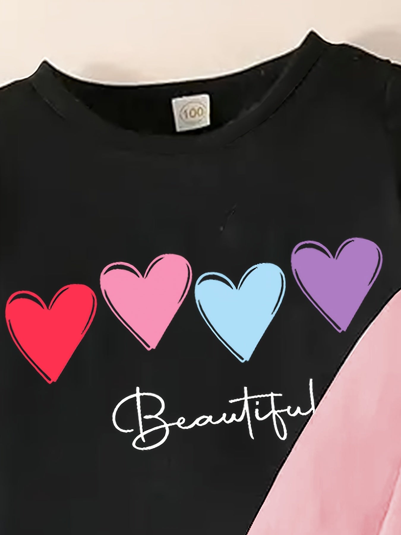 [3pcs Girls' Heart Applique Long Sleeve T-Shirts] 3pcs Girls' Long Sleeve T-Shirts, Polyester Knit Tops with Elastane, Casual Crew Neck, Slight Stretch Fabric, Regular Fit, with Heart Applique, for Fall/Winter Collection