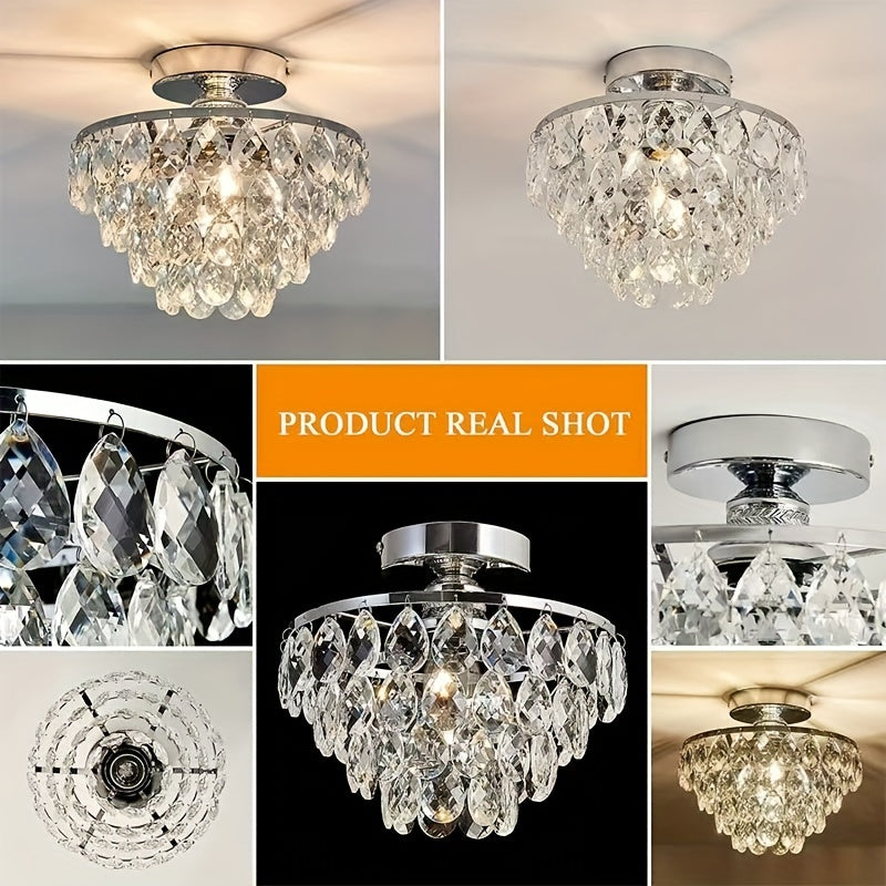 1pc Modern Golden Crystal Chandelier Light - E26 Flush Mount Ceiling Fixture with K9 Crystals, Polished Metal Finish, Easy Install for Bedroom, Bathroom, Hallway & More