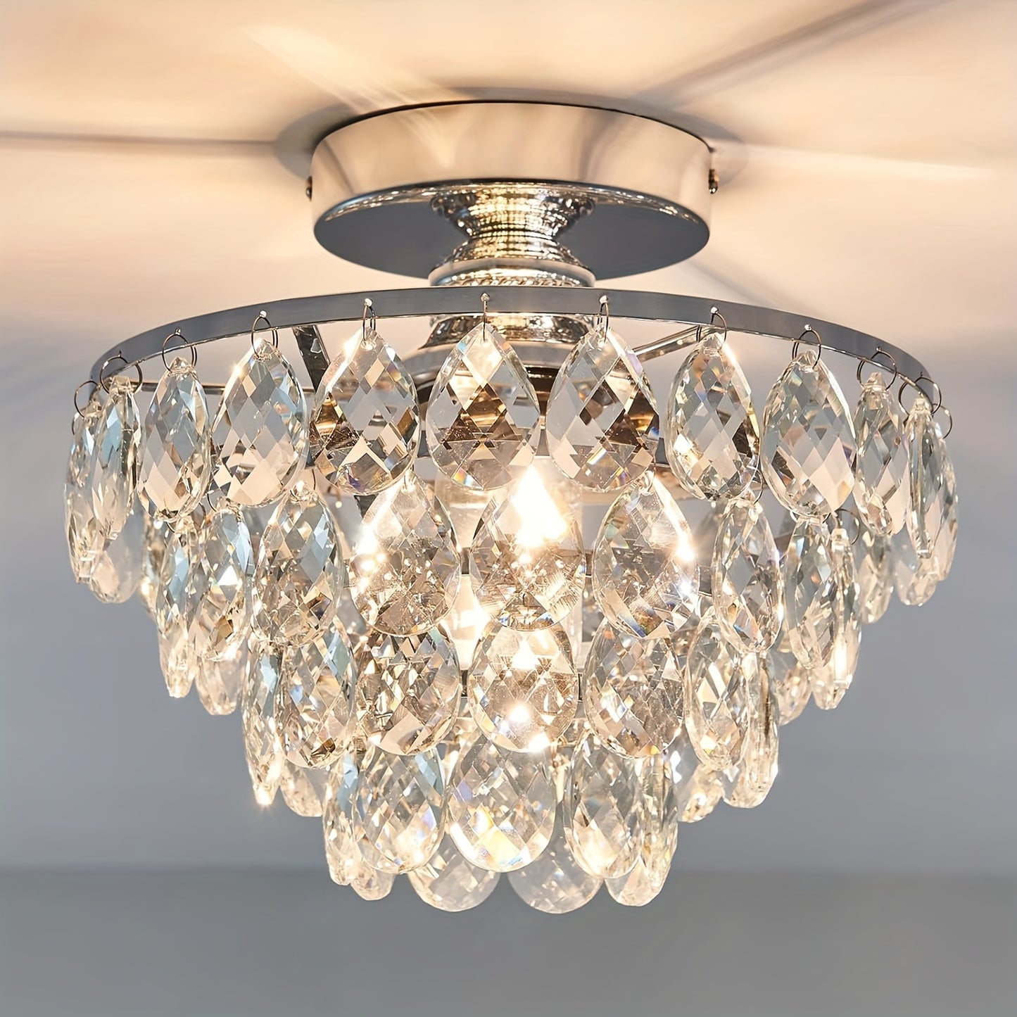 1pc Modern Golden Crystal Chandelier Light - E26 Flush Mount Ceiling Fixture with K9 Crystals, Polished Metal Finish, Easy Install for Bedroom, Bathroom, Hallway & More