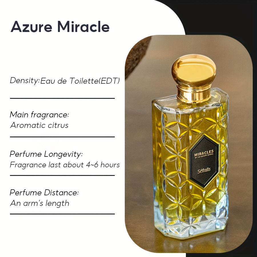 1 x Séfralls AZURE MIRACLE Eau de Toilette for Men and Women - 100ml/3.4fl.oz, Aromatic Citrus Scent, Long-Lasting Fresh Fragrance, Luxury Perfume with 5-15% Concentration, Alcohol-Based, Formaldehyde-Free