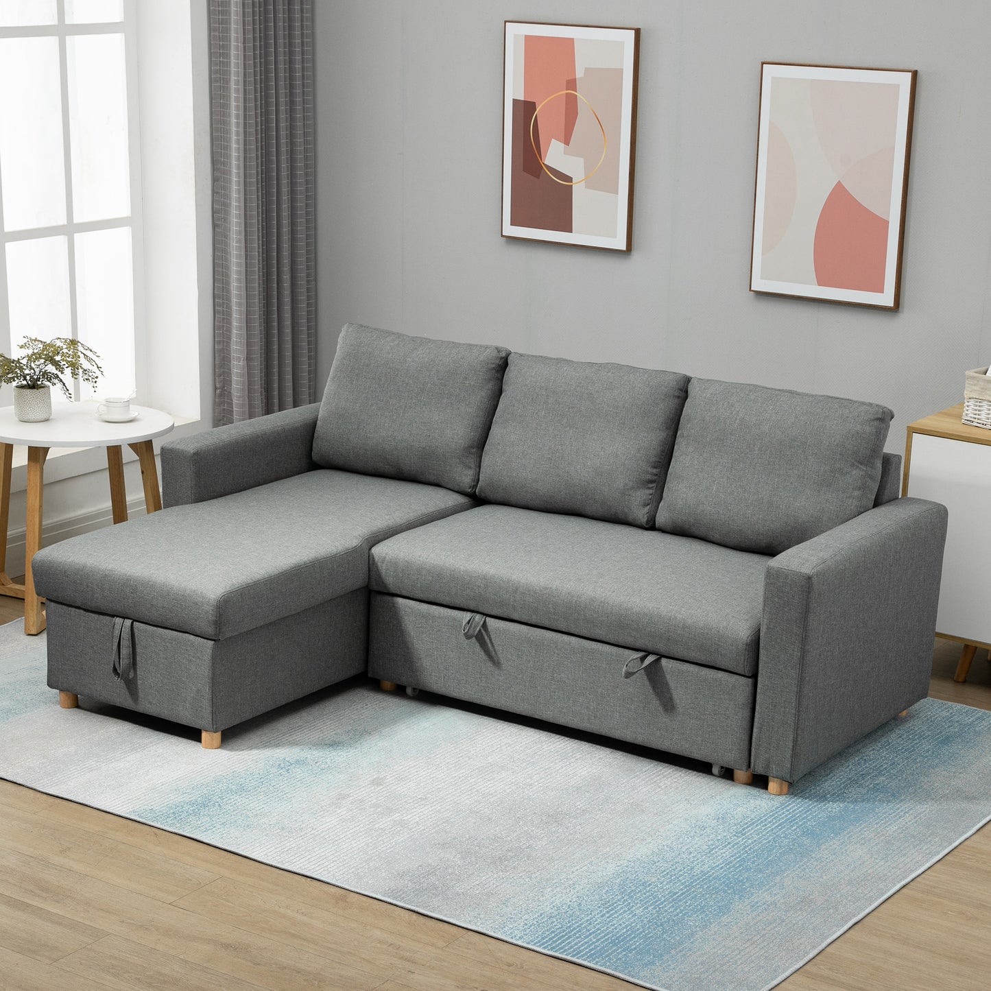 HOMCOM 3-Seater Convertible Corner Sofa - Reversible Chaise Longue - Integrated Storage Box - High-Density Foam 24D Filling - Linen-Look Grey Polyester Fabric