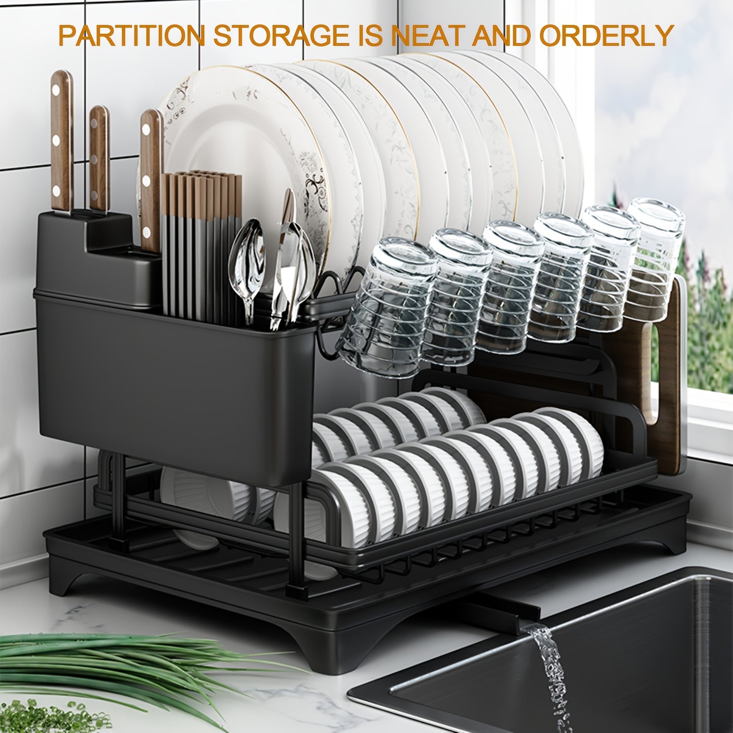 2-Tier Iron Dish Drying Rack with Drainboard and Cutlery Holder, Kitchen Countertop Plate Bowl Organizer, Dish Rack with Knife Block, Glass Holder - Perfect Gift for Women, Wife, Mother's Day Kitchen Gadget (Copie)