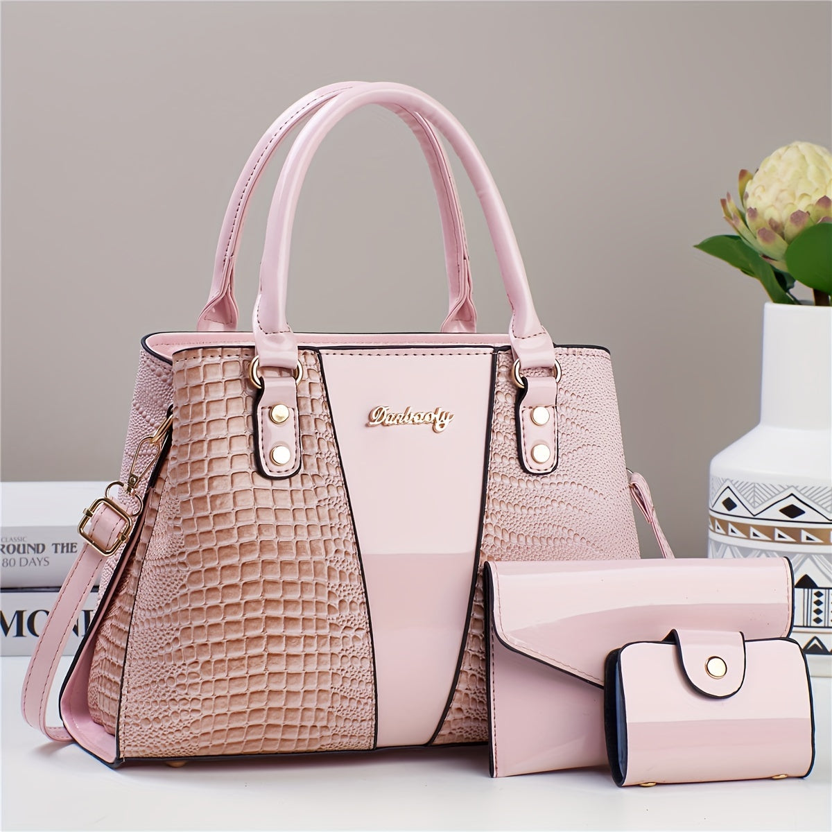 3pcs Elegant PU Handbag Set, Crocodile Pattern Large Capacity Crossbody Bag with Coin Purse and Card Holder, Lightweight Shoulder Bag with Sequins and Zipper Closure