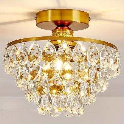 1pc Modern Golden Crystal Chandelier Light - E26 Flush Mount Ceiling Fixture with K9 Crystals, Polished Metal Finish, Easy Install for Bedroom, Bathroom, Hallway & More