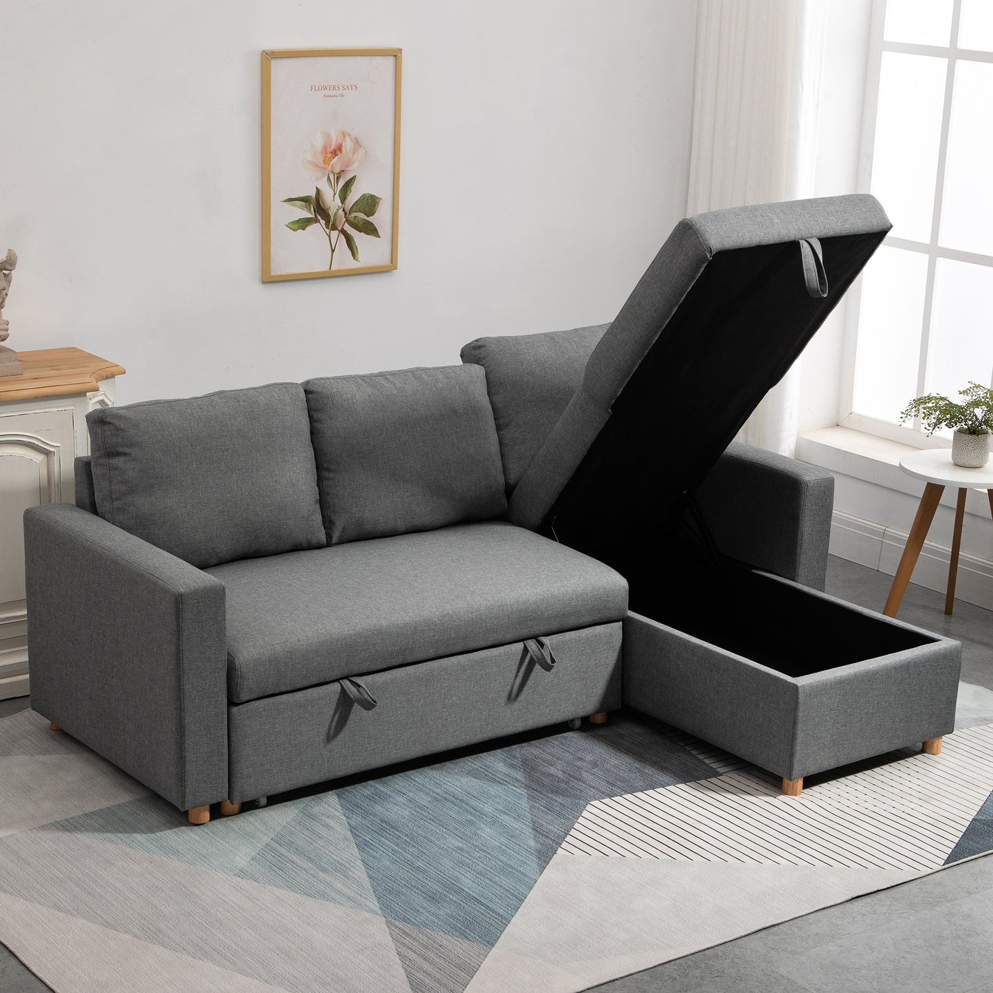 HOMCOM 3-Seater Convertible Corner Sofa - Reversible Chaise Longue - Integrated Storage Box - High-Density Foam 24D Filling - Linen-Look Grey Polyester Fabric