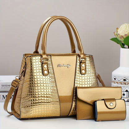 3pcs Elegant PU Handbag Set, Crocodile Pattern Large Capacity Crossbody Bag with Coin Purse and Card Holder, Lightweight Shoulder Bag with Sequins and Zipper Closure