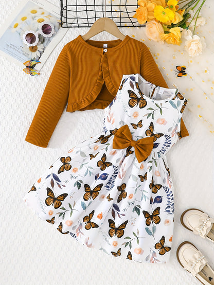 2pcs Girls Casual Dress With Butterfly Print Paired With Solid Color Long-sleeved Jacket Outdoor Outfit