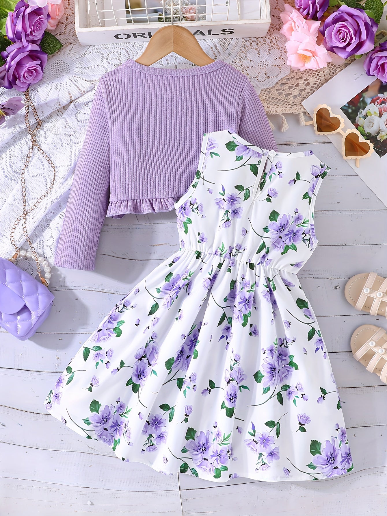 Girls' Flower Print Casual Vest Dress with Chest Measurement by Pulling + Solid Color Long Sleeve Jacket