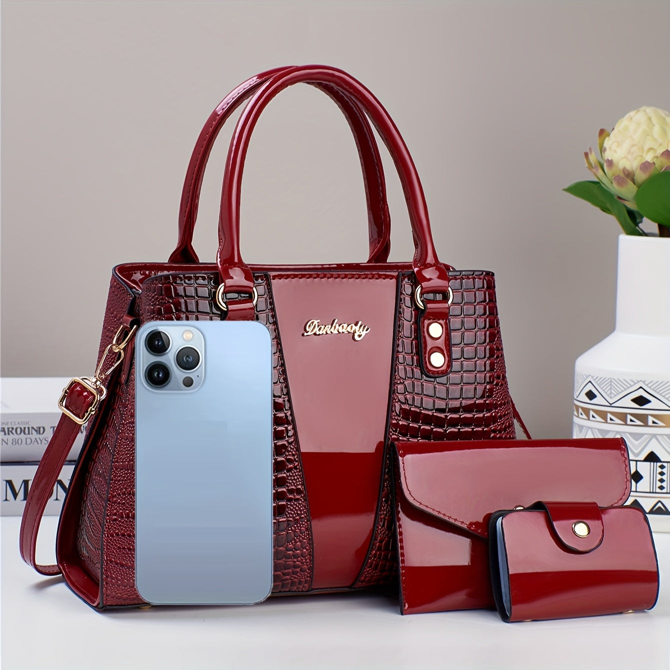 3pcs Elegant PU Handbag Set, Crocodile Pattern Large Capacity Crossbody Bag with Coin Purse and Card Holder, Lightweight Shoulder Bag with Sequins and Zipper Closure