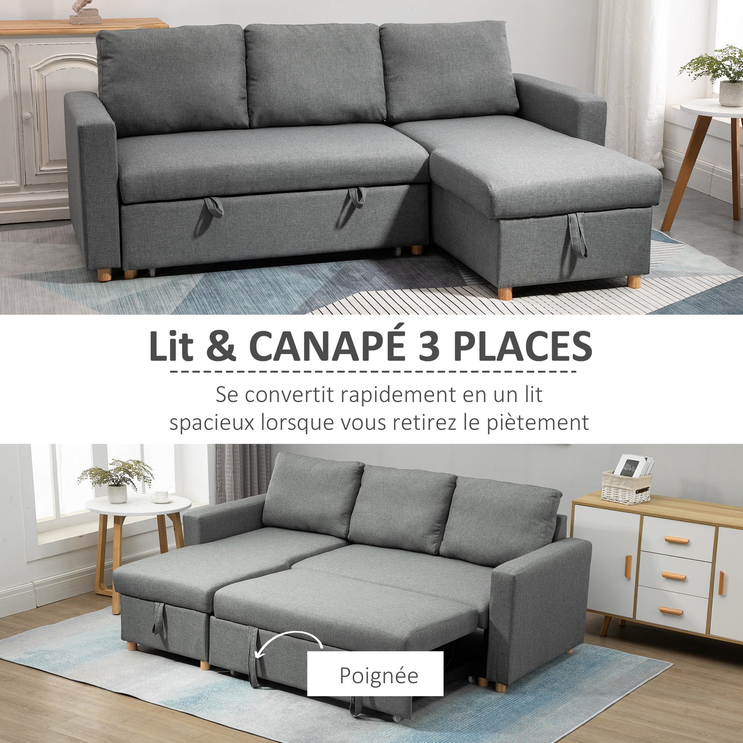 HOMCOM 3-Seater Convertible Corner Sofa - Reversible Chaise Longue - Integrated Storage Box - High-Density Foam 24D Filling - Linen-Look Grey Polyester Fabric