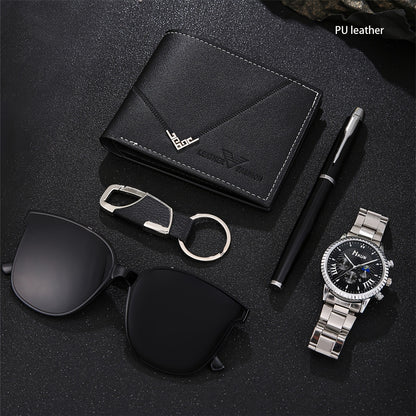 5pcs Men's Fashion Wallet Set - Sleek Black Faux Leather, Business Style with Fashion Glasses & Keychain, Perfect Gift for Him