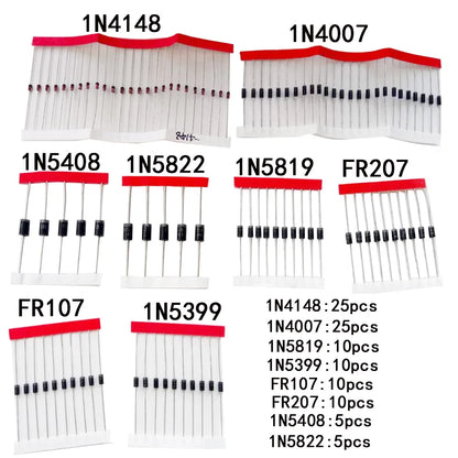 Fast Switching Schottky Diode kit set 1N4148 1N4007 1N5819 1N5399 1N5408 1N5822 FR107 FR207,8values=100pcs,Electronic Components