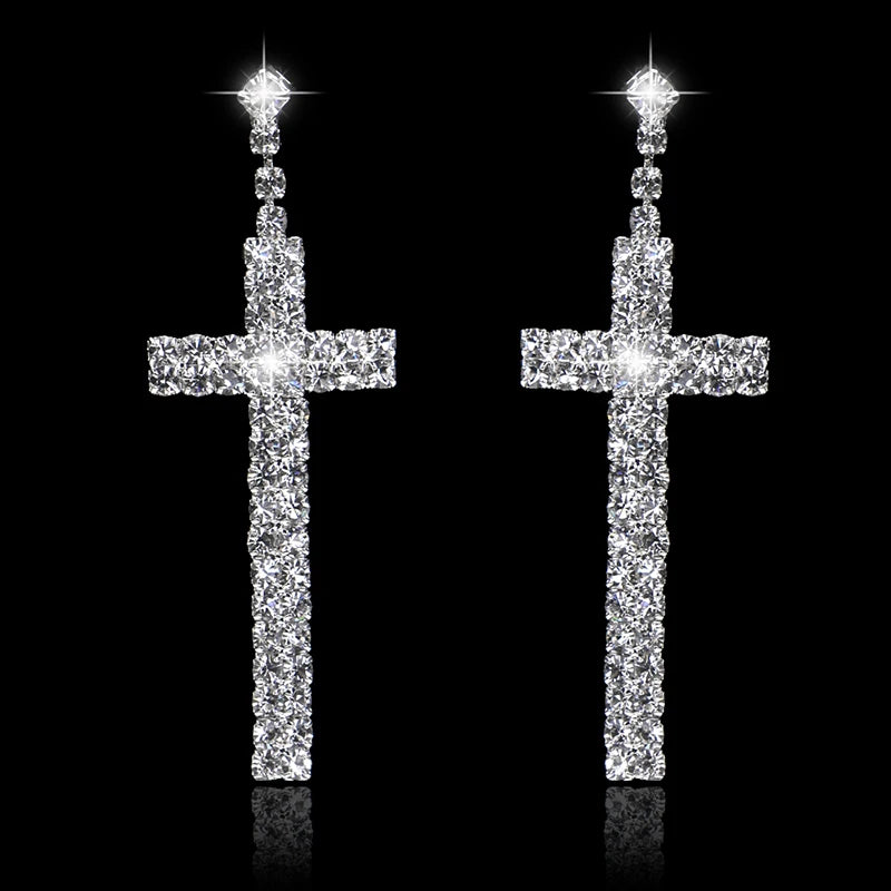 TREAZY Bridal Crystal Cross Shape Long Earrings Sparkly Silver Color Rhinestone Dangle Earrings For Women Wedding Jewelry Gifts