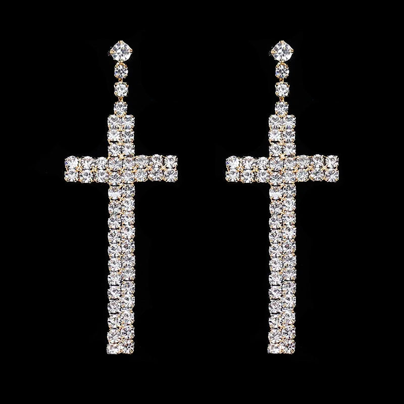 TREAZY Bridal Crystal Cross Shape Long Earrings Sparkly Silver Color Rhinestone Dangle Earrings For Women Wedding Jewelry Gifts