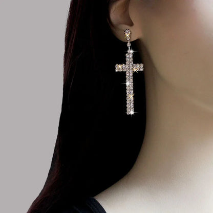 TREAZY Bridal Crystal Cross Shape Long Earrings Sparkly Silver Color Rhinestone Dangle Earrings For Women Wedding Jewelry Gifts