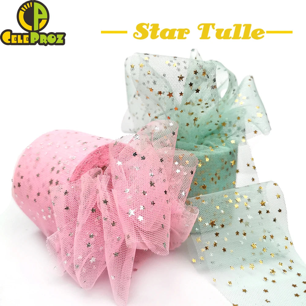 25Yards 6cm Star Tulle Confetti Glitter Mesh Baking Cake Topper Tutu Pom Bow Soft Squine Organza DIY Wedding Birthday Decoration