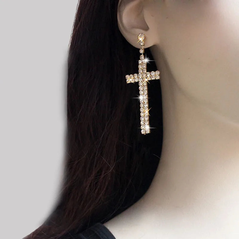 TREAZY Bridal Crystal Cross Shape Long Earrings Sparkly Silver Color Rhinestone Dangle Earrings For Women Wedding Jewelry Gifts