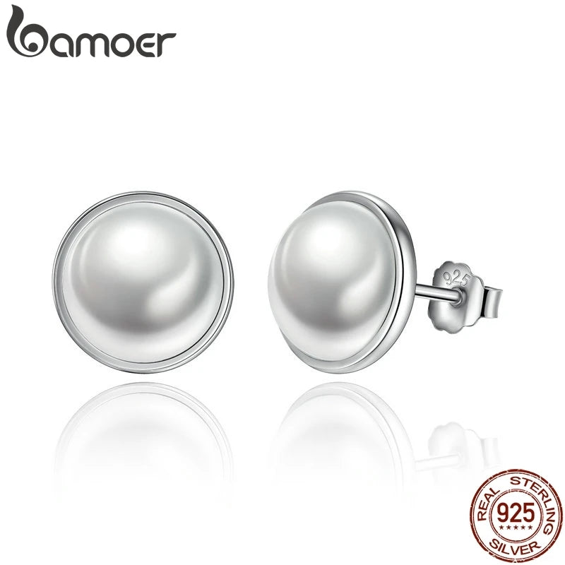 BAMOER Fashion 925 Sterling Silver Elegant Beauty, Round White Shell Pearl Stud Earrings Women Engagement Jewelry Brincos PAS489