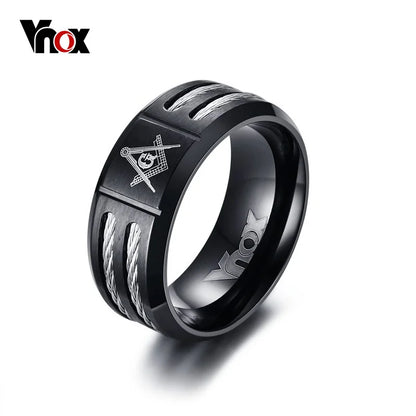 Vnox Vintage 9mm Masonic Ring Men Jewelry Black Stainless Steel With Wire Brother Gift