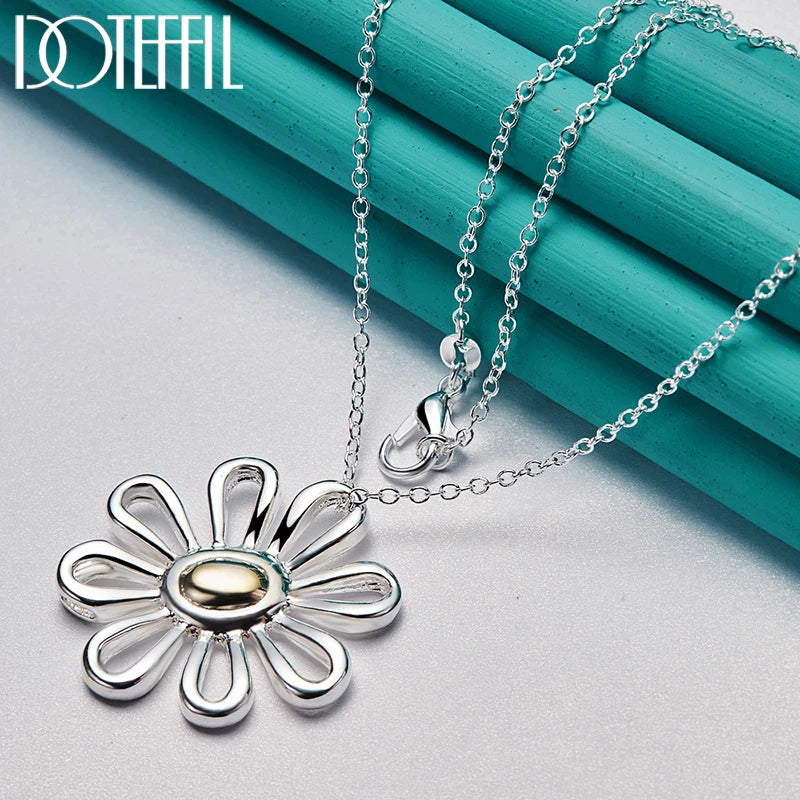 DOTEFFIL 925 Sterling Silver 18 Inch Chain Flower Pendant Necklace For Women Wedding Engagement Fashion Charm Jewelry