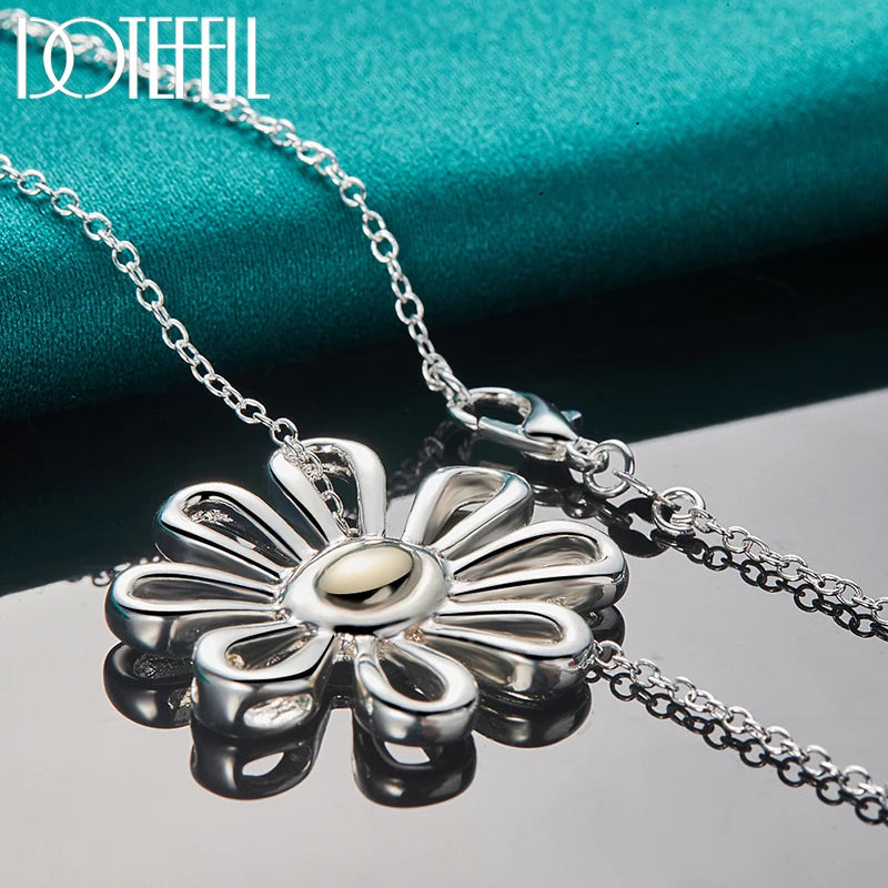 DOTEFFIL 925 Sterling Silver 18 Inch Chain Flower Pendant Necklace For Women Wedding Engagement Fashion Charm Jewelry