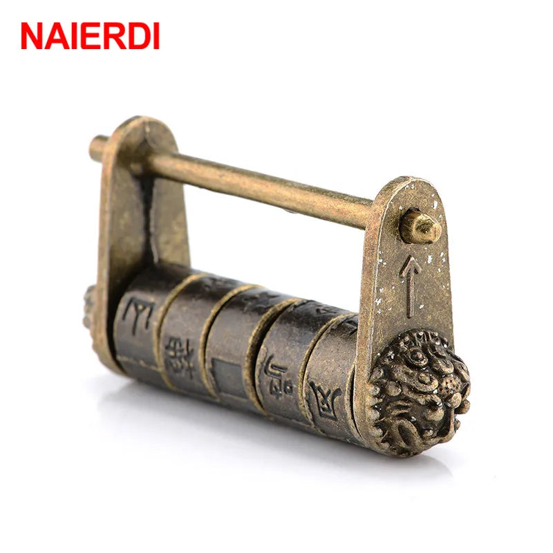 NAIERDI 50*28mm Zinc Alloy Chinese Vintage Antique Bronze Keyed Padlock Retro Combination Password Lock Jewelry Box Padlock