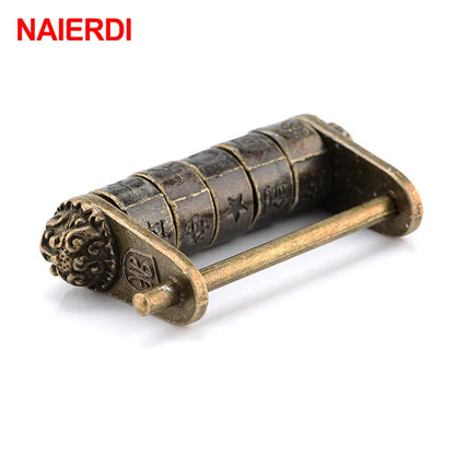 NAIERDI 50*28mm Zinc Alloy Chinese Vintage Antique Bronze Keyed Padlock Retro Combination Password Lock Jewelry Box Padlock