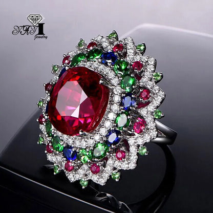 YaYI Jewelry Princess Cut Red Corundum Gemstones Zircon Silver Color Engagement  Wedding Party Precious Rings